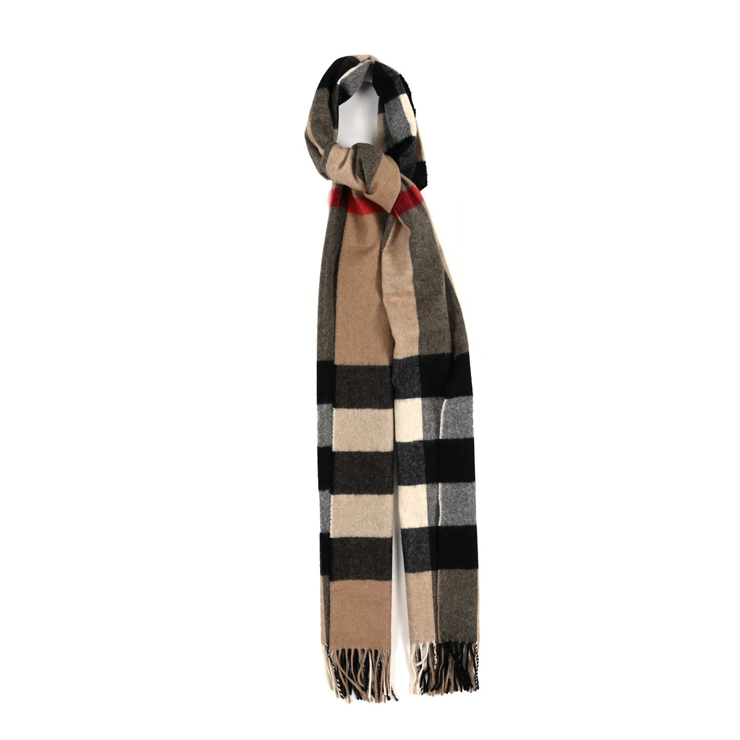 Cashmere Giant Check Fringe Scarf Camel