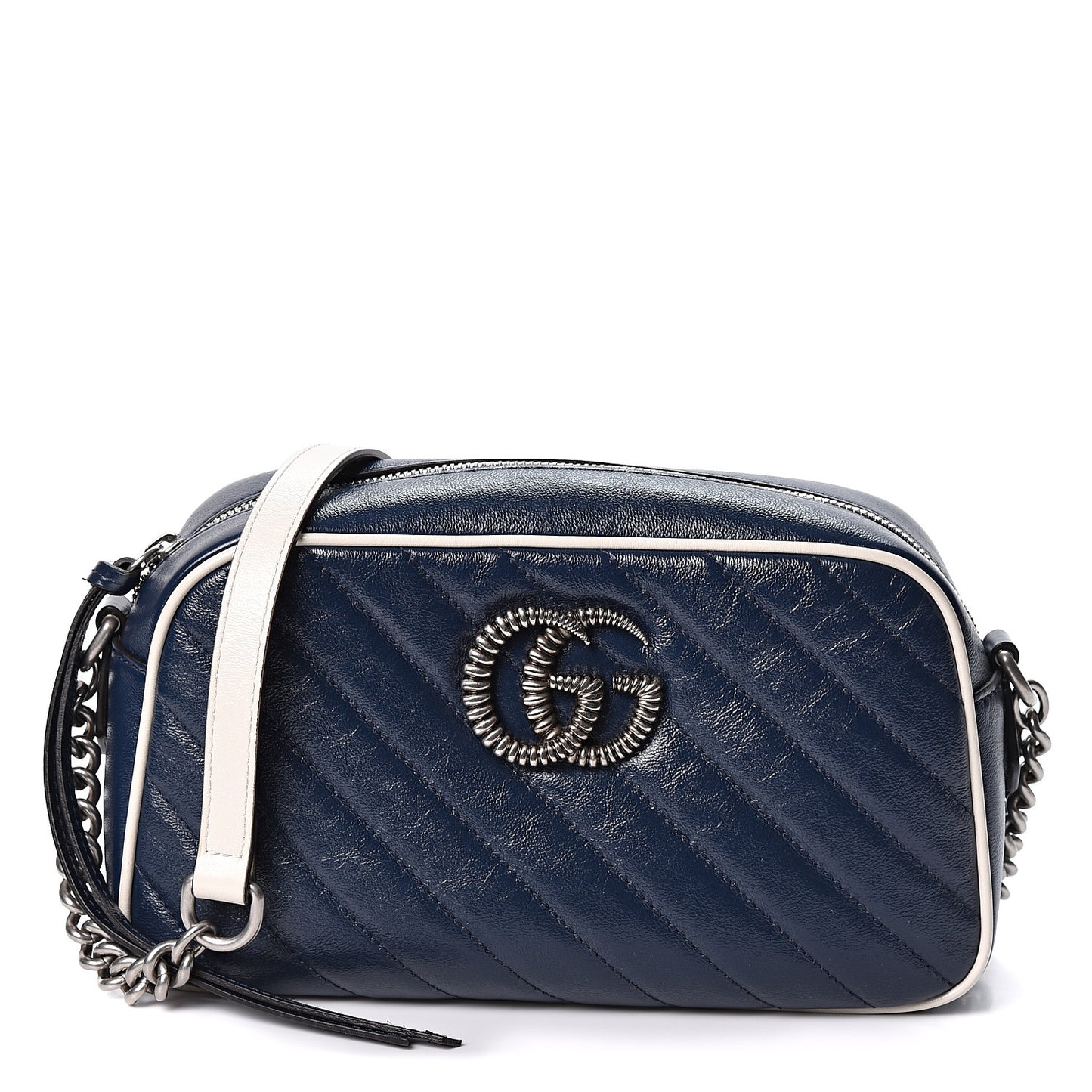 Vintage Effect Calfskin Matelasse Diagonal Small Torchon GG Marmont Chain Shoulder Bag Blue Agata Mystic White