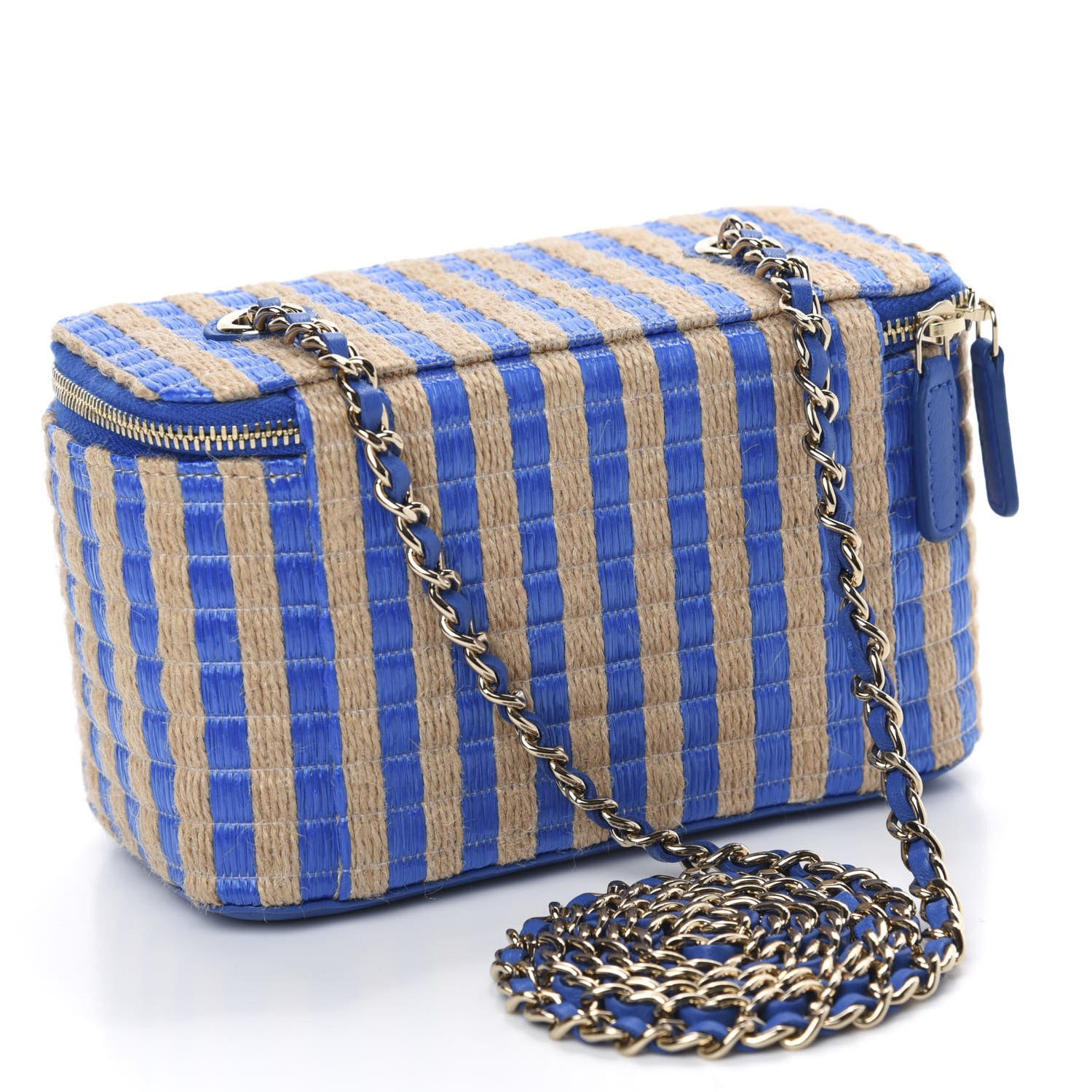 Chanel Raffia Jute Striped Small Vanity Case With Chain Blue Beige 3 of 11