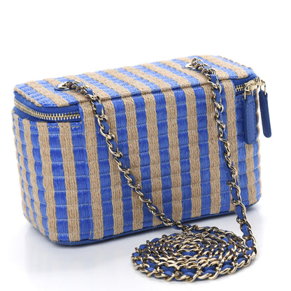 Chanel Raffia Jute Striped Small Vanity Case With Chain Blue Beige 3 of 11