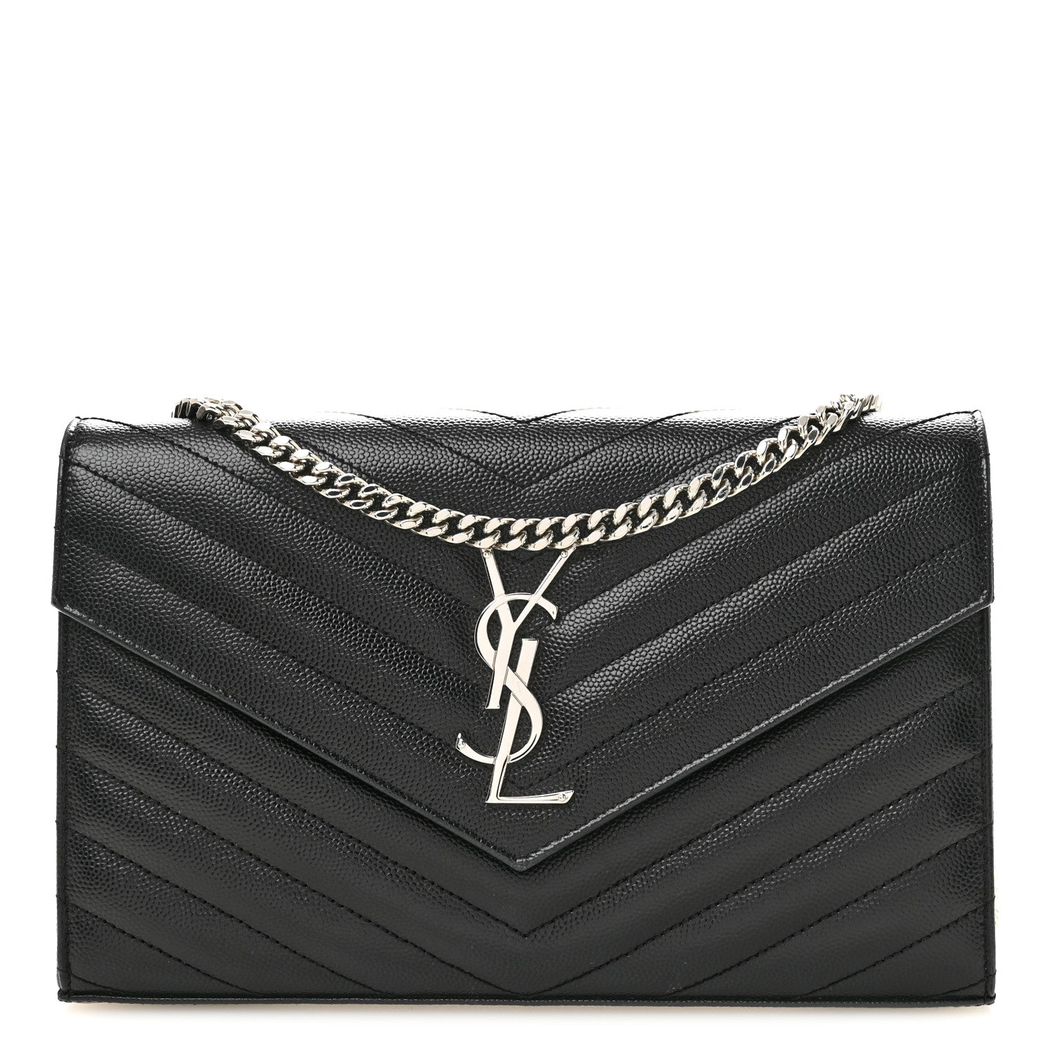 Saint Laurent Grain De Poudre Matelasse Chevron Monogram Chain Wallet Black 1 of 14