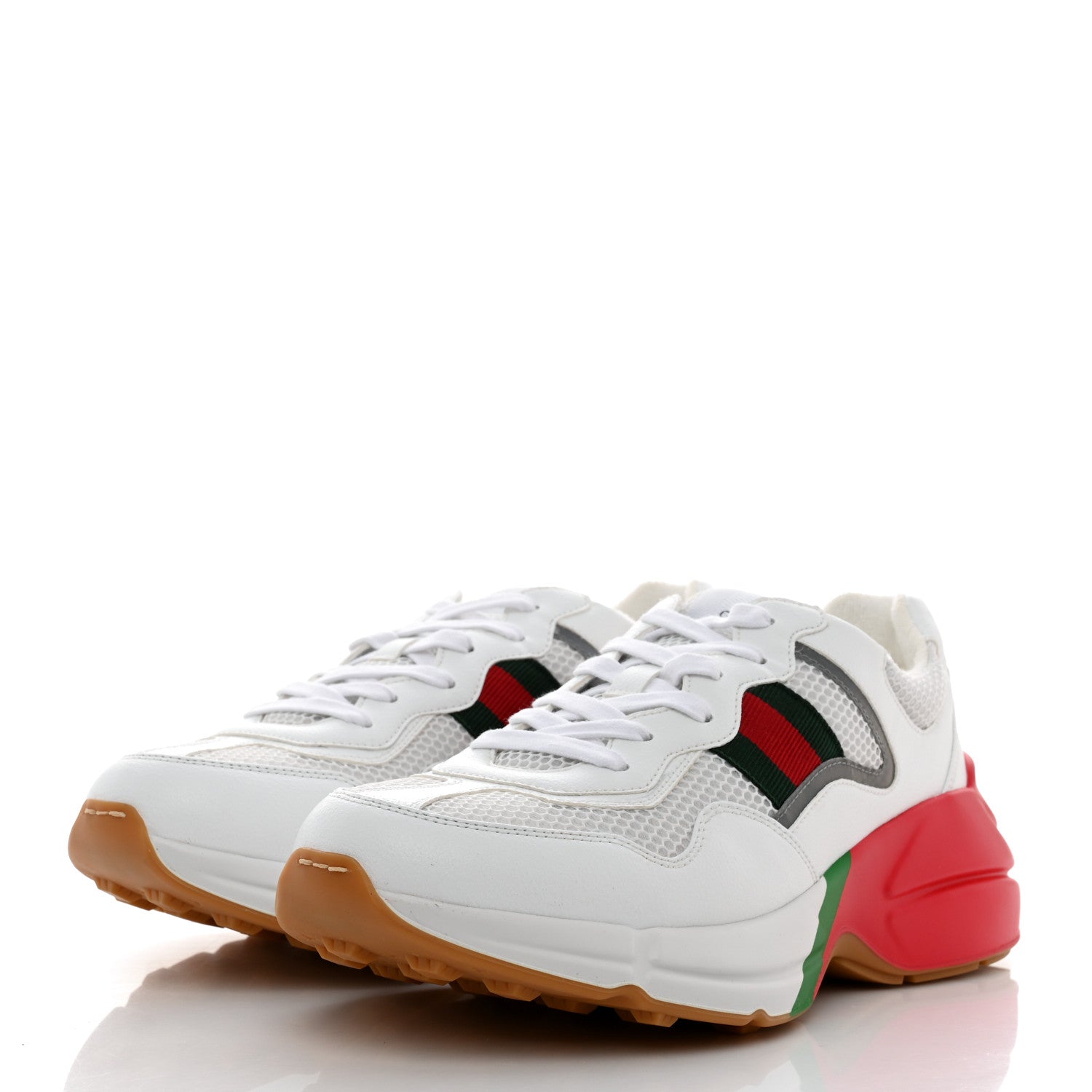 Gucci Lavaredo Eco Fabric Mesh Web Mens Rhyton Reflective Sneakers 8.5 Great 8.5 White Green Red Silver 3 of 10