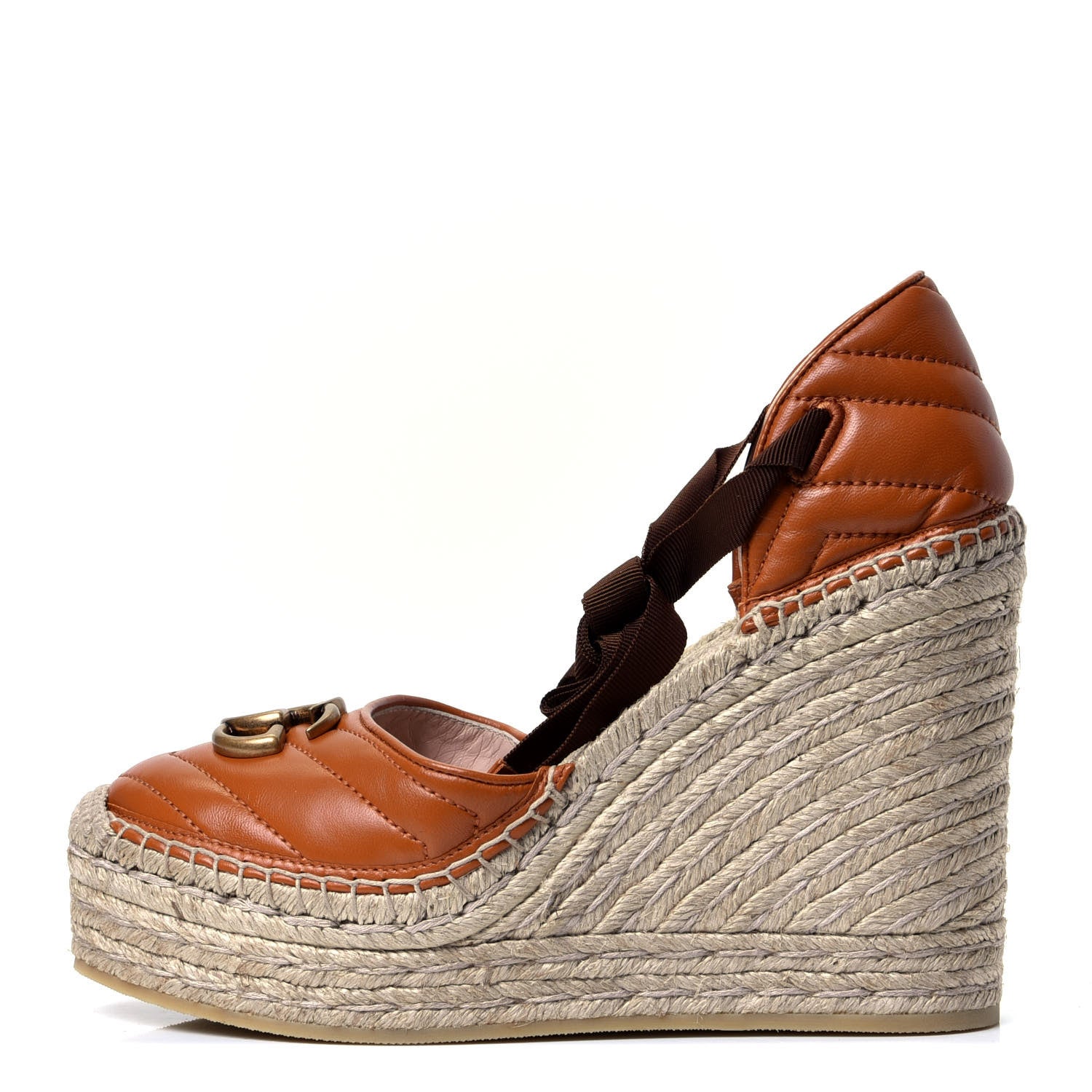 Gucci Nappa Matelasse GG Marmont Ankle Wrap Platform 35/120mm Espadrille Wedges 38 Cognac 1 of 10