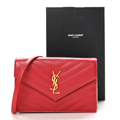 Saint Laurent Grain De Poudre Matelasse Chevron Monogram Envelope Chain Wallet New Red 10 of 10