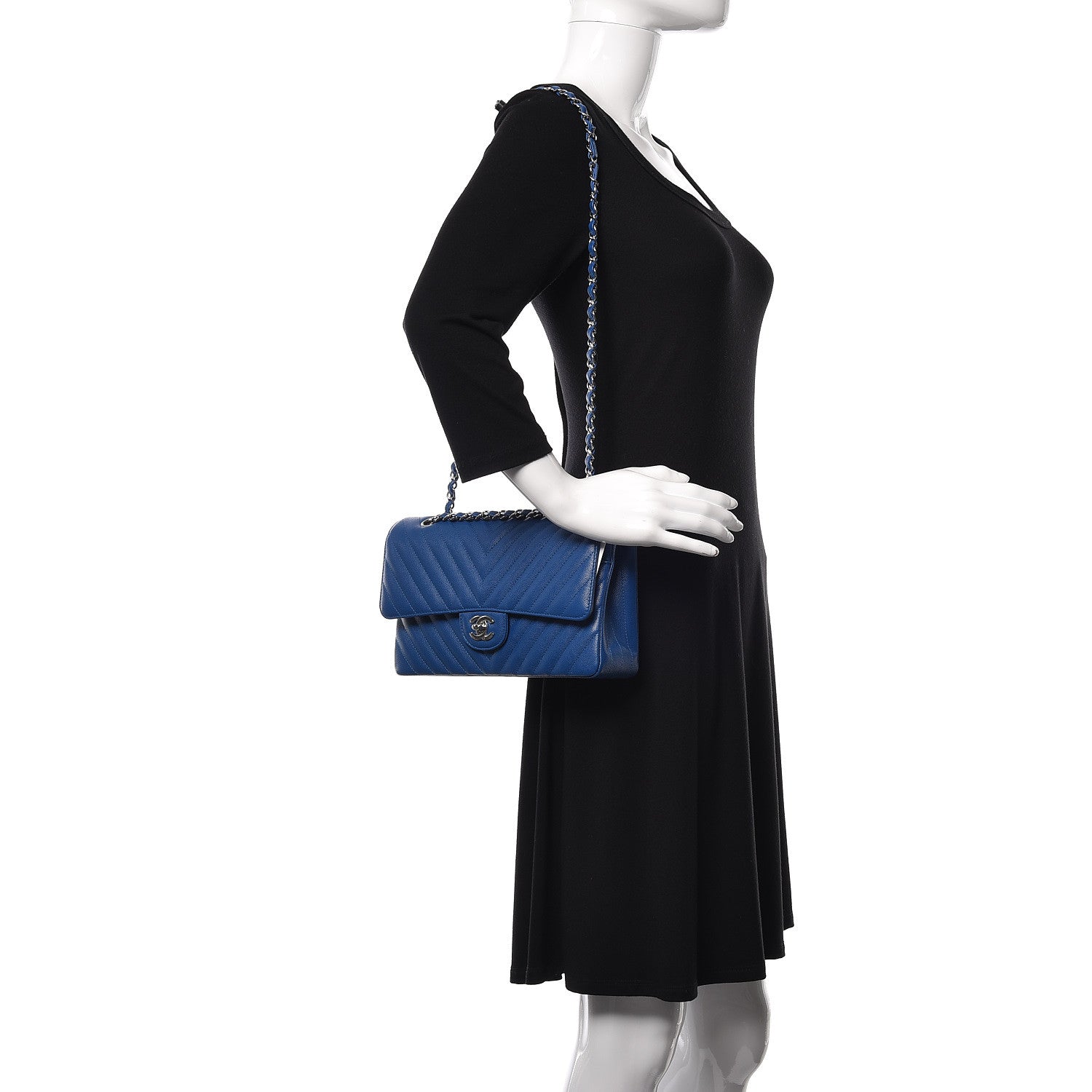 Chanel Caviar Chevron Quilted Medium Double Flap Blue 3 of 11