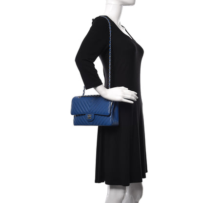 Chanel Caviar Chevron Quilted Medium Double Flap Blue 3 of 11
