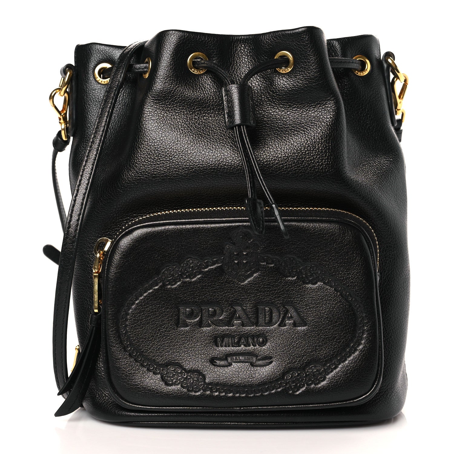 Prada Glace Calfskin Embossed Bucket Bag Black 1 of 9