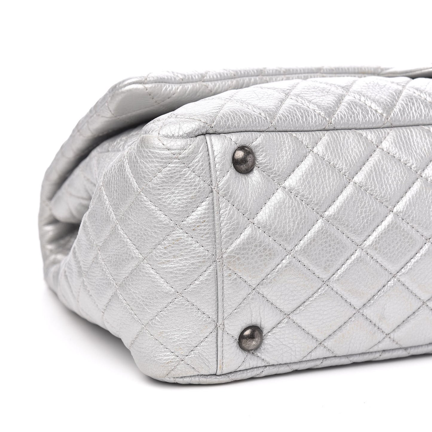 Metallic Calfskin Quilted XXL Travel Flap Bag Silver