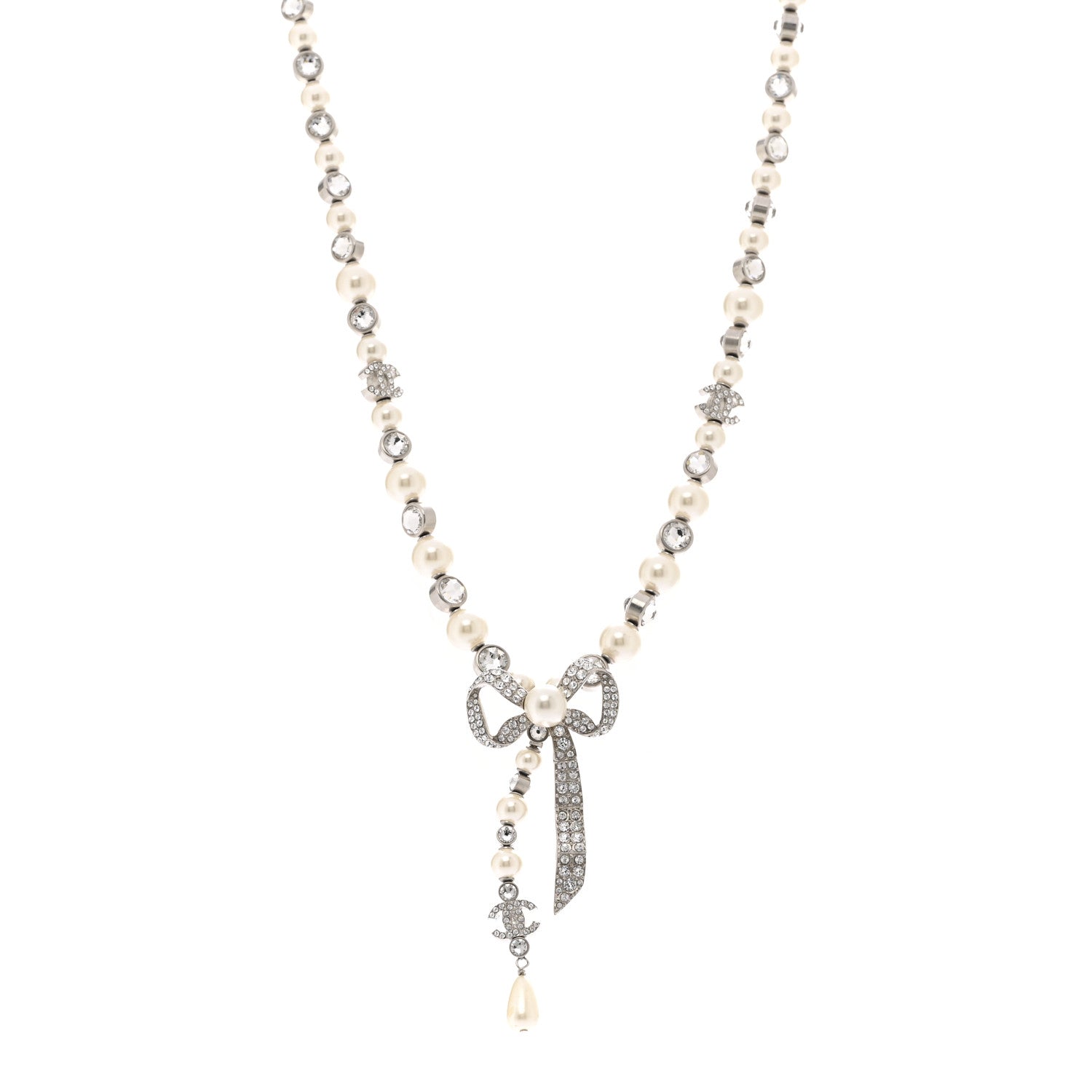 Chanel Crystal Pearl Bow CC Necklace Silver 1 of 6
