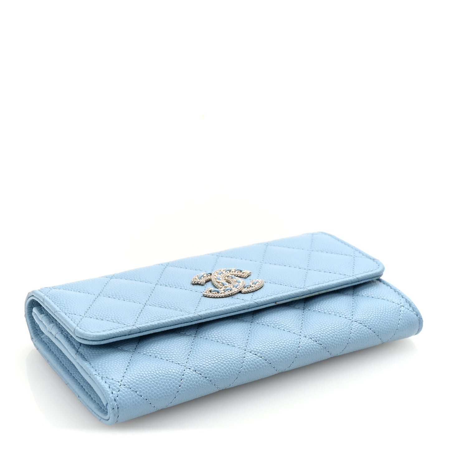 Caviar Quilted Crystal Long Flap Wallet Light Blue