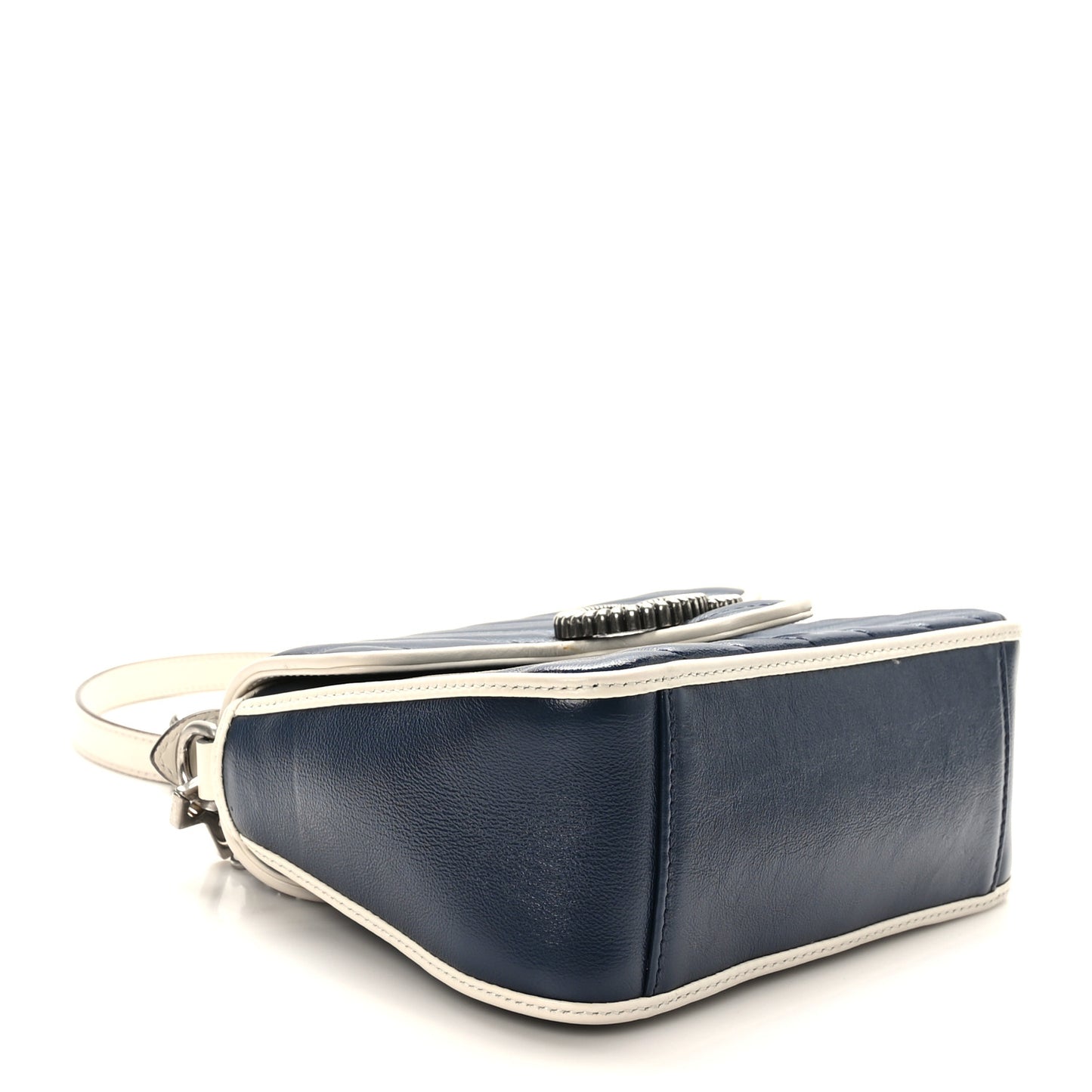 Vintage Effect Calfskin Matelasse Diagonal Mini Torchon GG Marmont Top Handle Shoulder Bag Blue Agata Mystic White