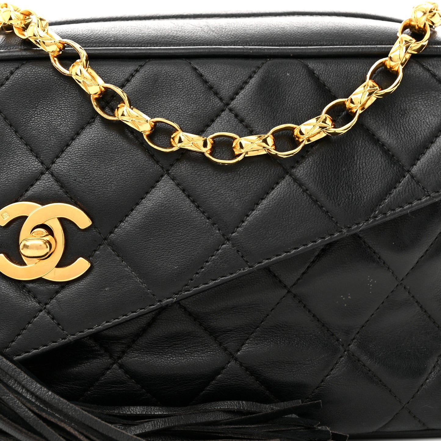 Lambskin Quilted Tassel Flap Camera Case Black