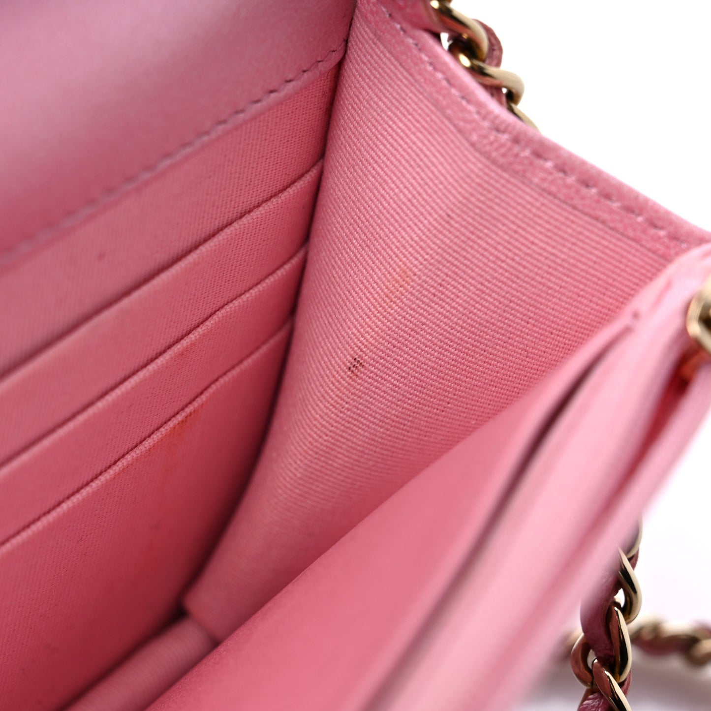Cloudy Pearly Goatskin Quilted Wallet on Chain WOC Light Pink
