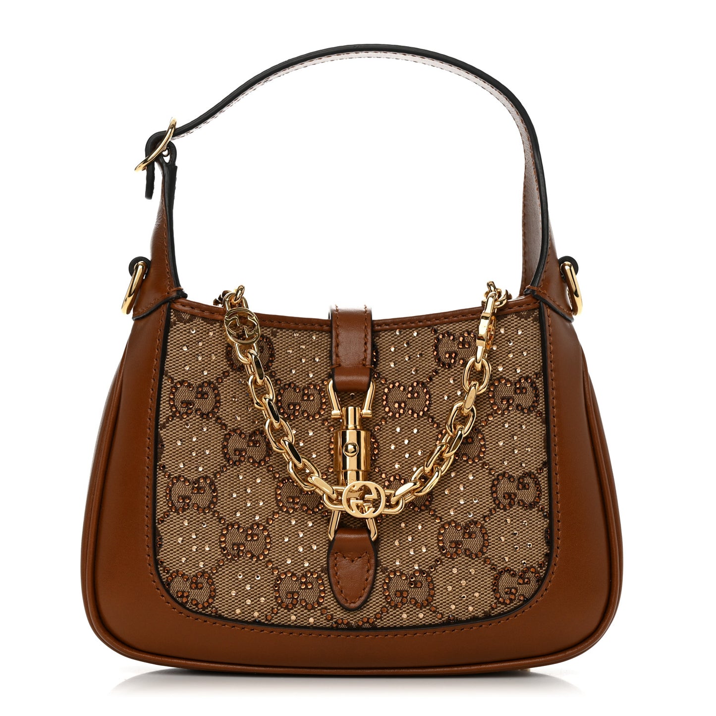 New Canvas Charisma Calfskin Crystal GG Monogram Mini Jackie 1961 Hobo Camel Ebony