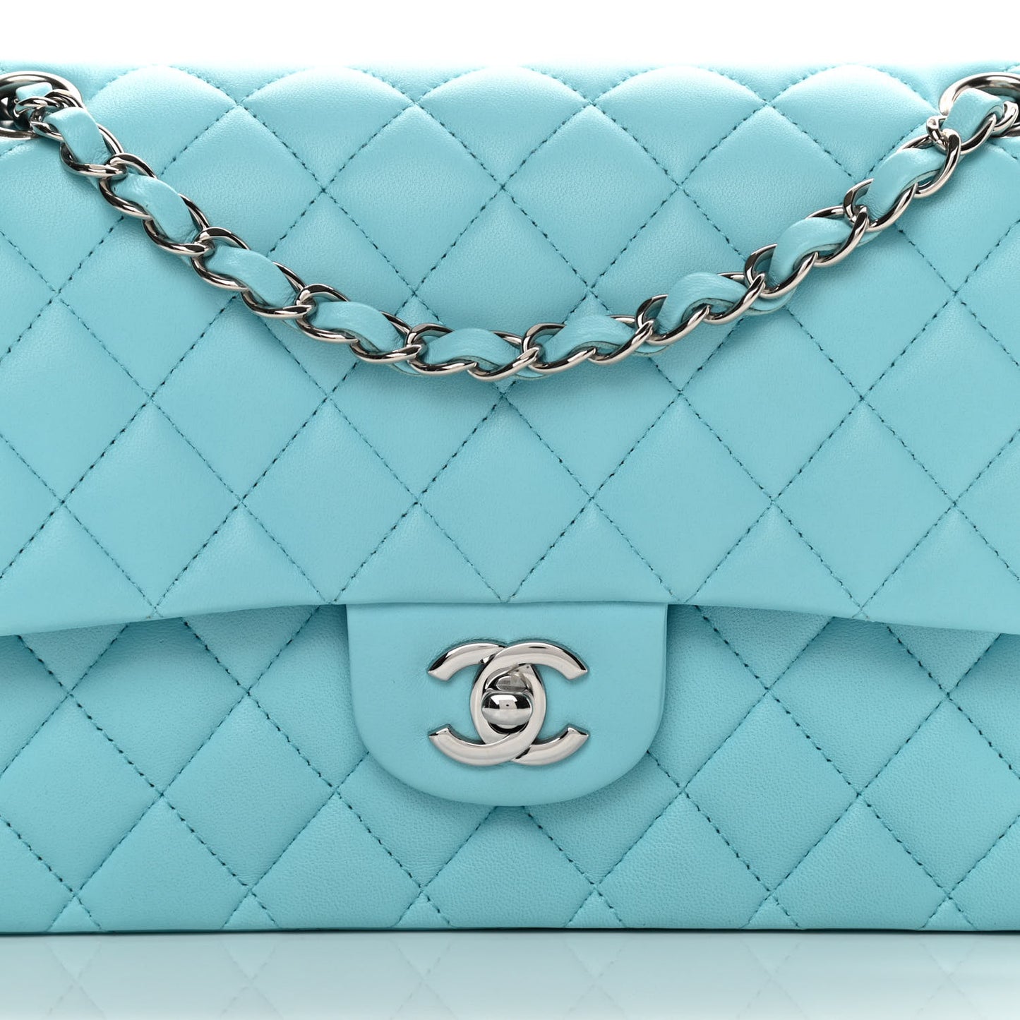 Lambskin Quilted Medium Double Flap Light Blue