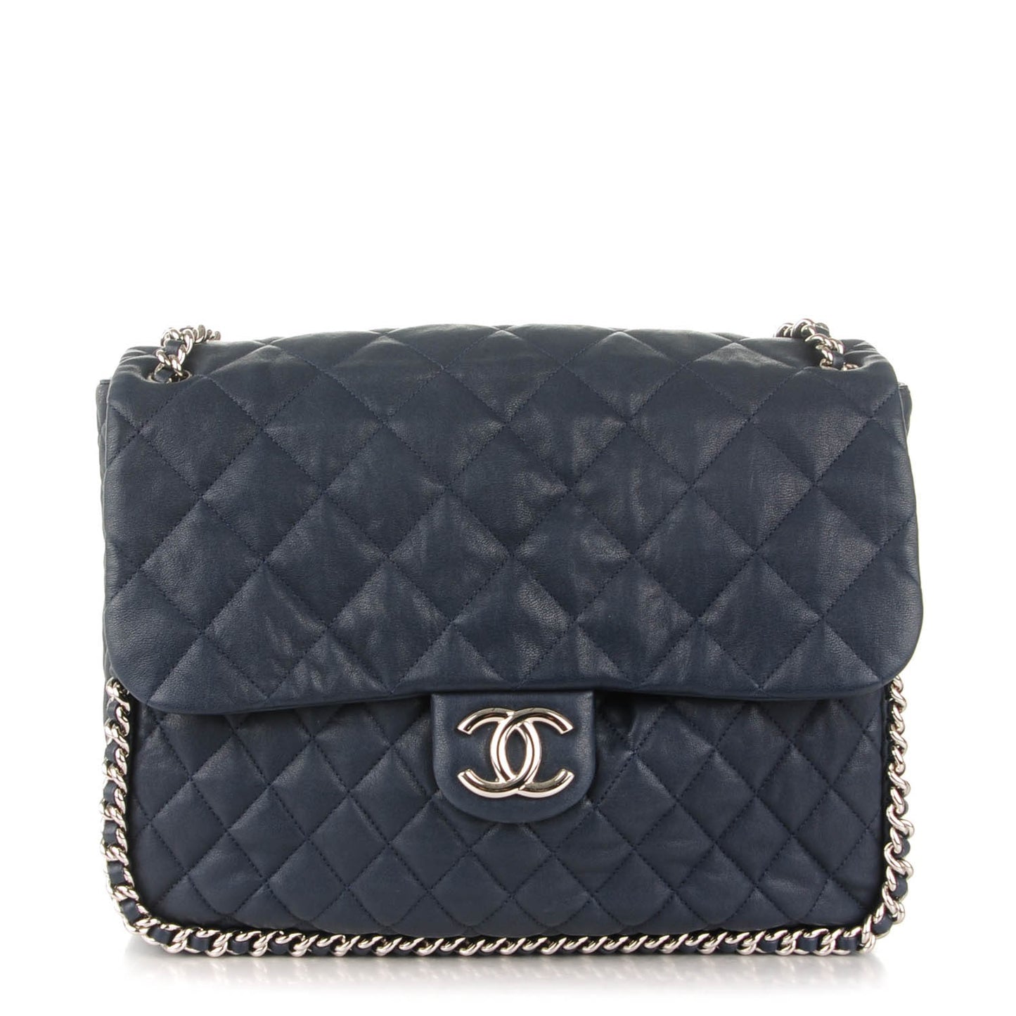Washed Lambskin Quilted Chain Around Maxi Flap Dark Navy Blue