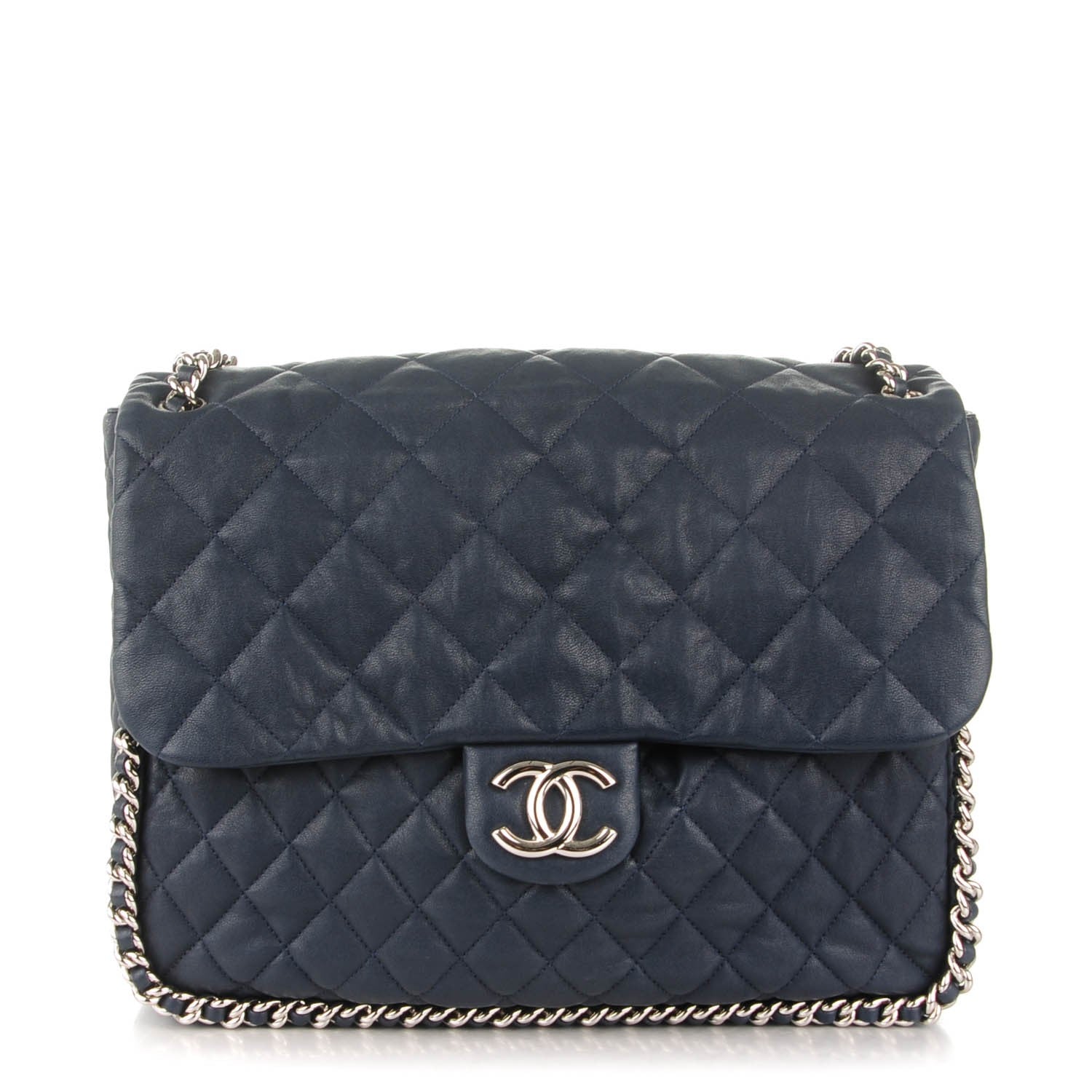 Chanel Washed Lambskin Quilted Chain Around Maxi Flap Dark Navy Blue 1 of 8