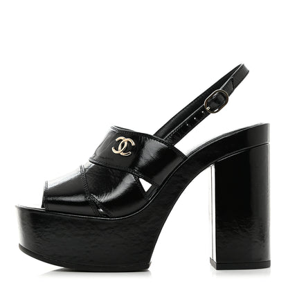 Chanel Crumpled Patent Lambskin Platform Sandals 36 Black 1 of 8