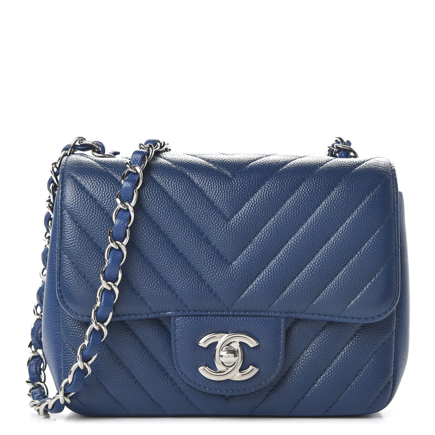 Chanel Caviar Chevron Quilted Mini Square Flap Dark Blue 1 of 14