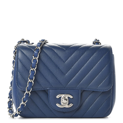 Chanel Caviar Chevron Quilted Mini Square Flap Dark Blue 1 of 14