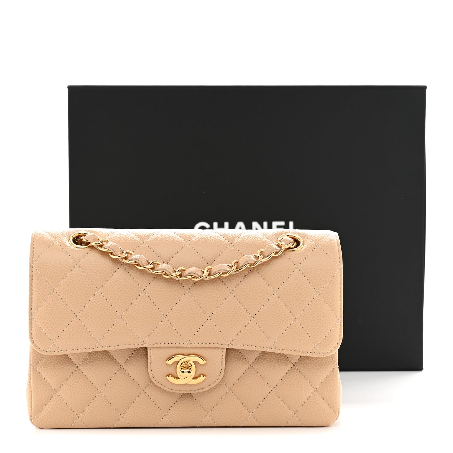 Caviar Quilted Small Double Flap Beige