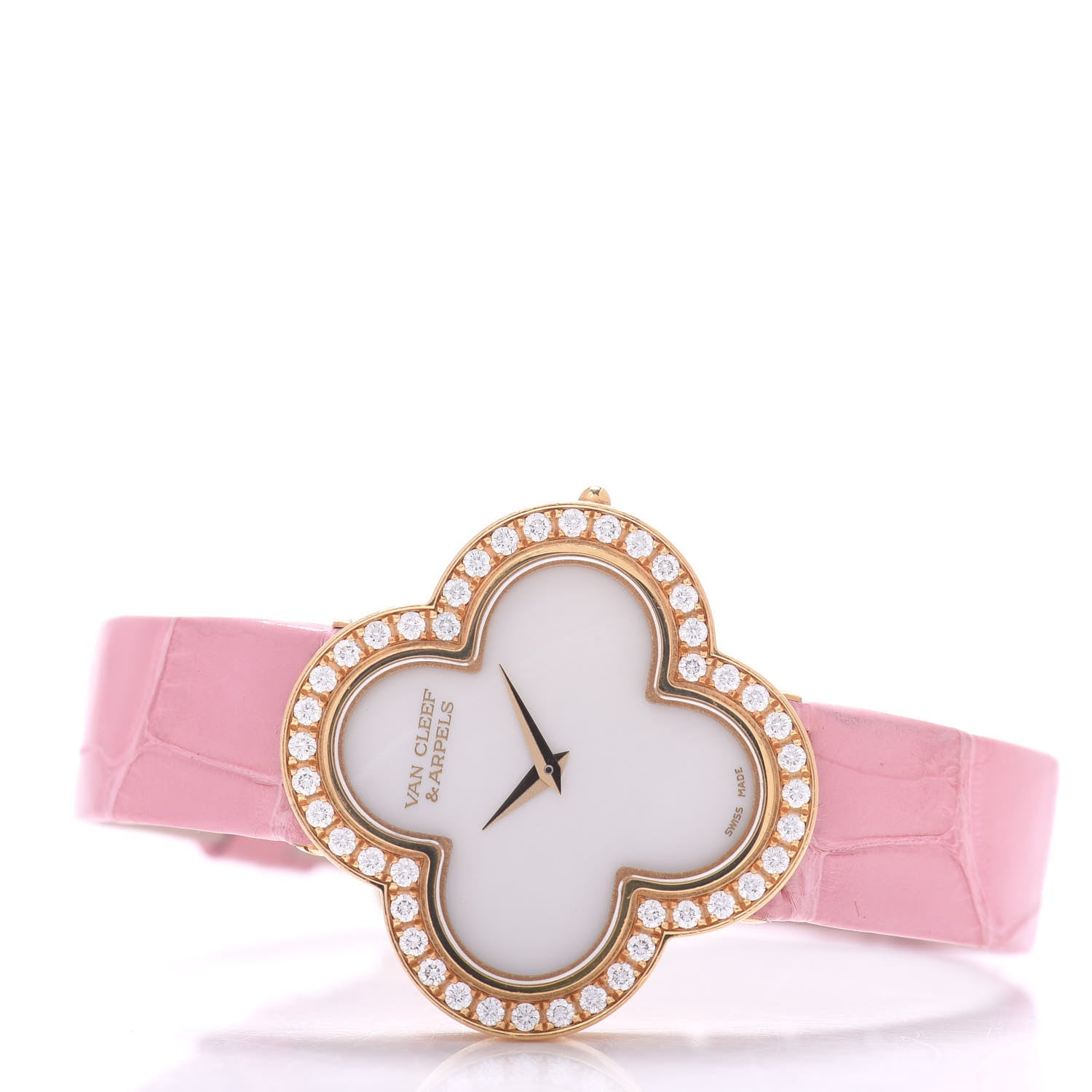 Van Cleef & Arpels 18K Yellow Gold Alligator Diamond Bezel Mother of Pearl 30mm Alhambra Quartz Watch 2 of 5