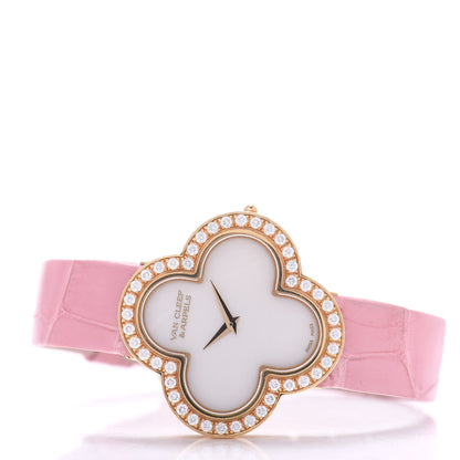 Van Cleef & Arpels 18K Yellow Gold Alligator Diamond Bezel Mother of Pearl 30mm Alhambra Quartz Watch 2 of 5