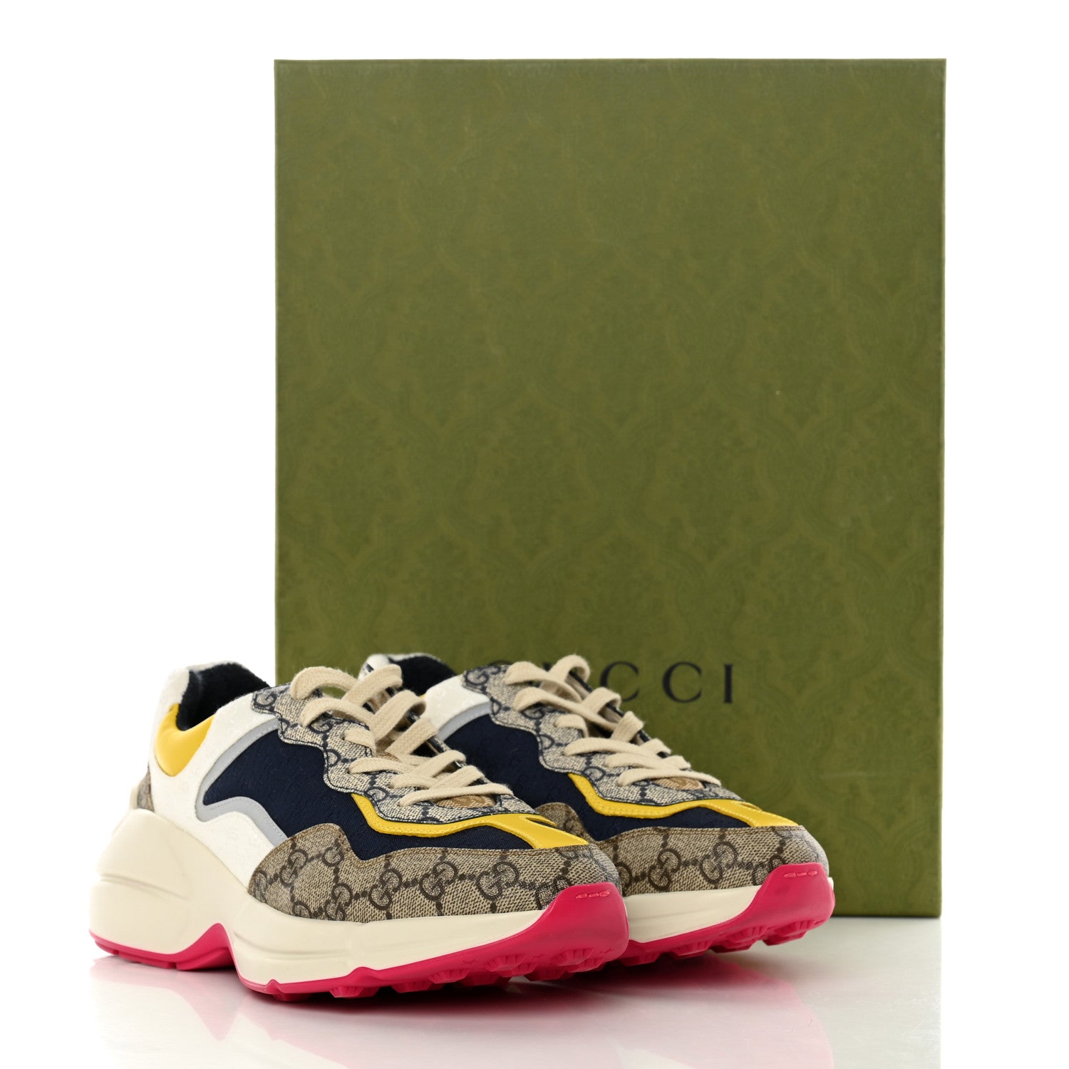 Gucci GG Supreme Monogram Mix Monogram Mens Rhyton Sneakers 5.5 London Blue Beige Sun Yellow 17 of 17