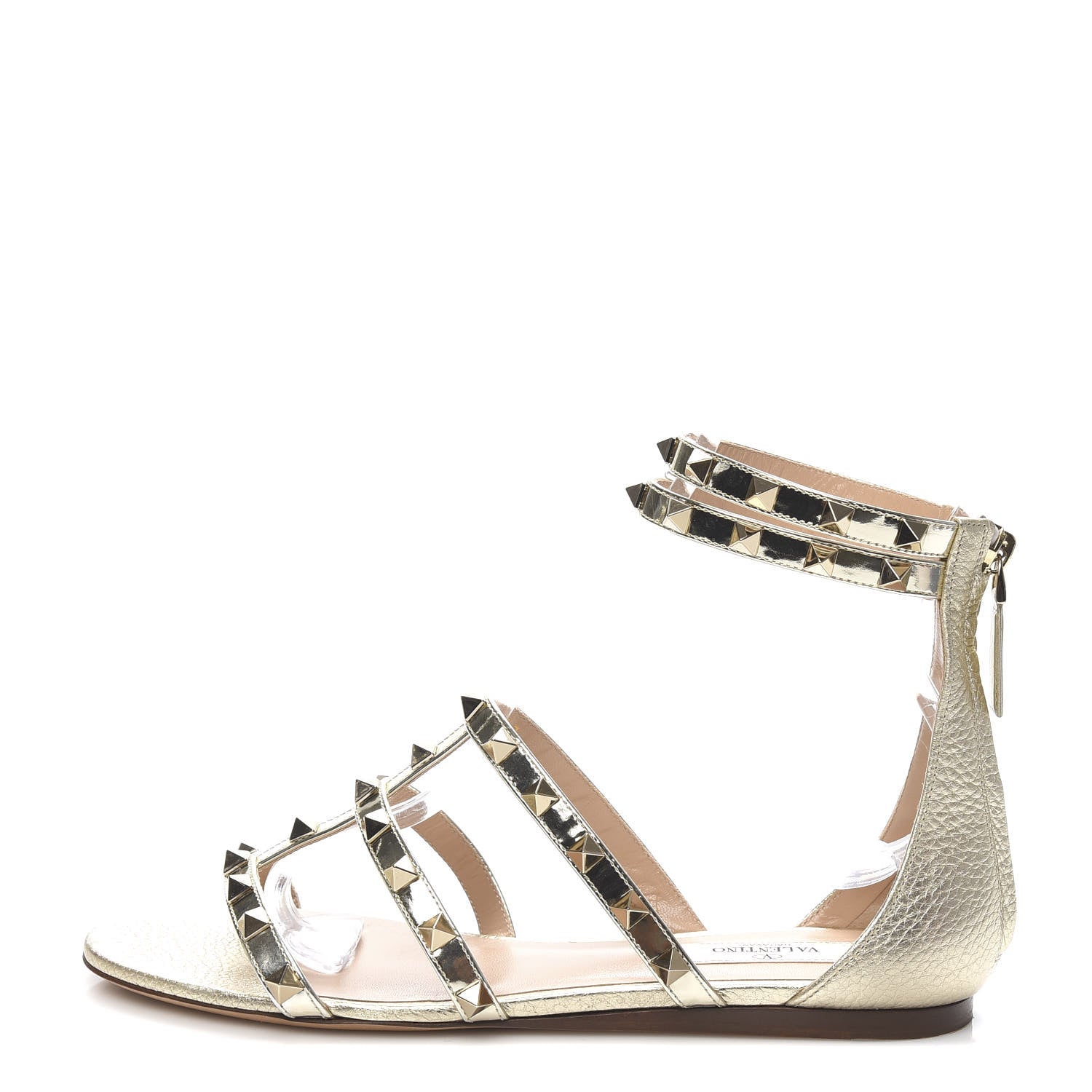 Valentino Garavani Metallic Pebbled Calfskin Patent Rockstud Ankle Strap Caged Flat Sandals 37 Platino 1 of 9