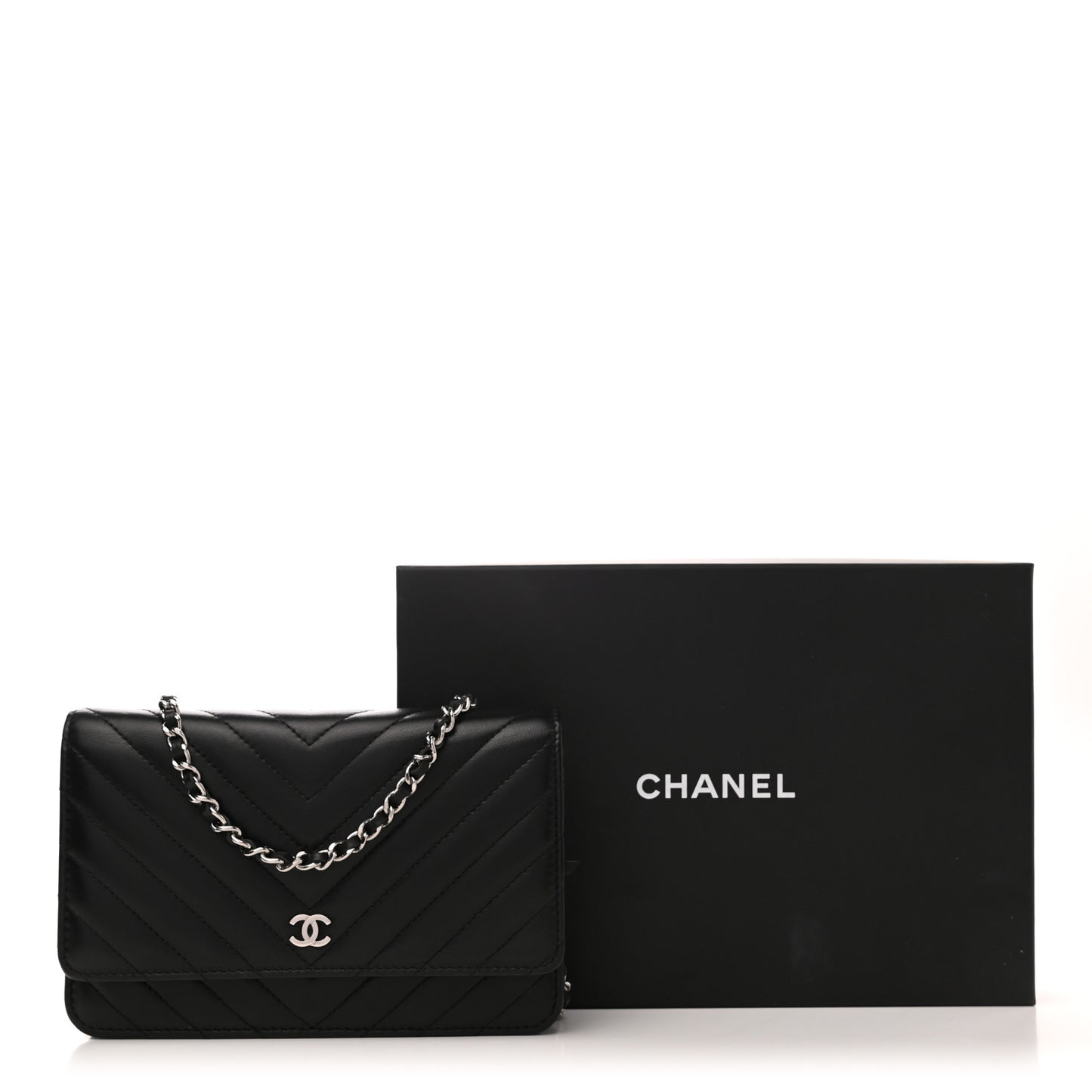 Lambskin Chevron Quilted Wallet On Chain WOC Black