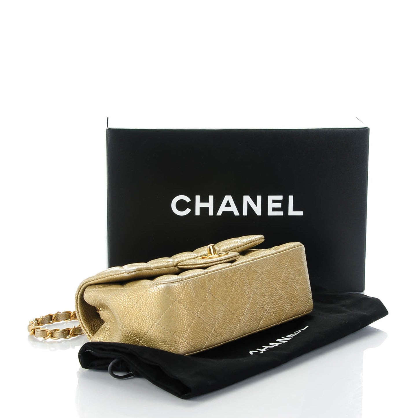 Pearly Caviar Quilted Mini Rectangular Flap Gold