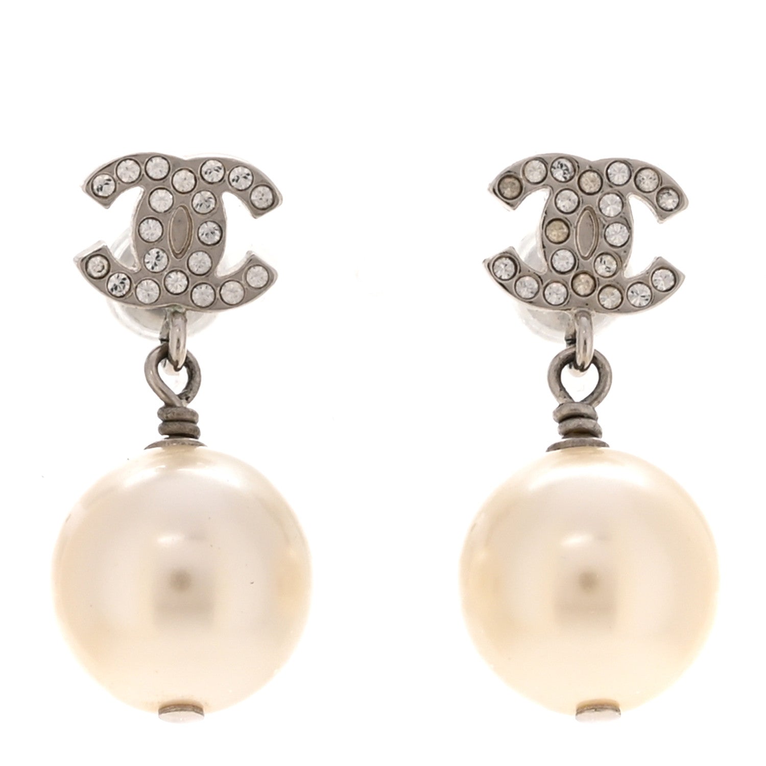 Chanel Crystal Pearl CC Drop Earrings Silver Pearly White 1 of 5
