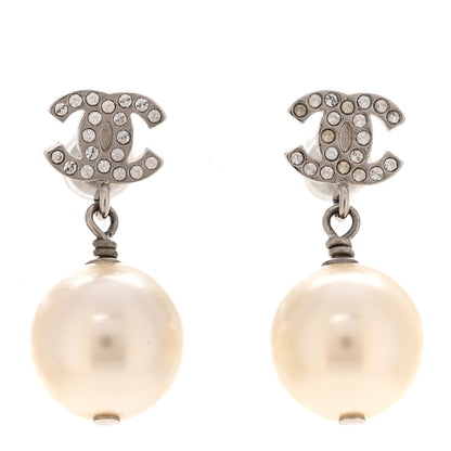 Chanel Crystal Pearl CC Drop Earrings Silver Pearly White 1 of 5