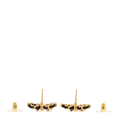 Chanel Lambskin Chain Bow Stud Earrings Black Gold 3 of 4