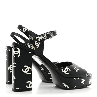 Chanel Printed Lambskin CC Platform Sandals 38 Black White 5 of 15