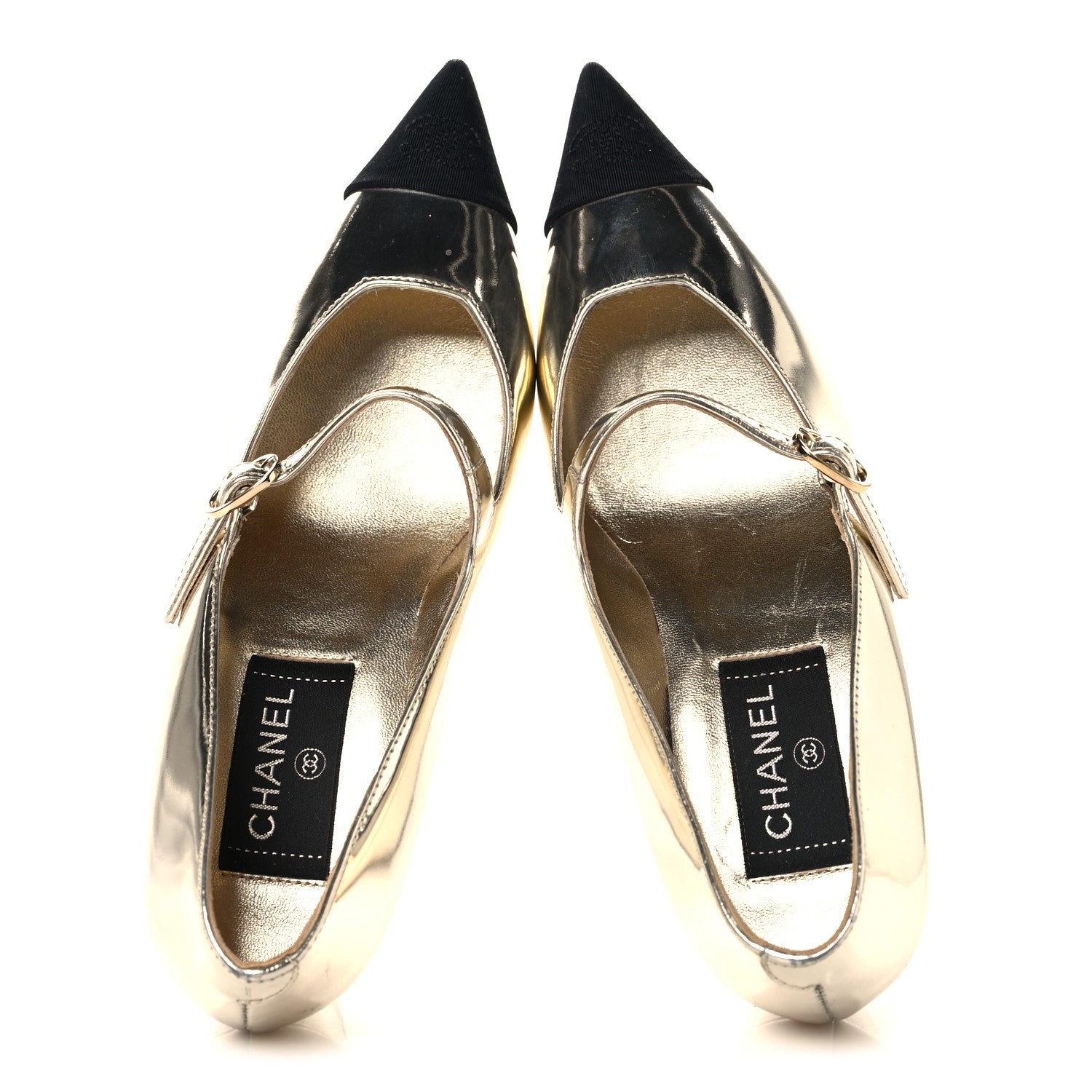 Chanel Laminated Calfskin Grosgrain Cap Toe CC Pointed Toe Wedge Pumps 36 Gold Black 2 of 9