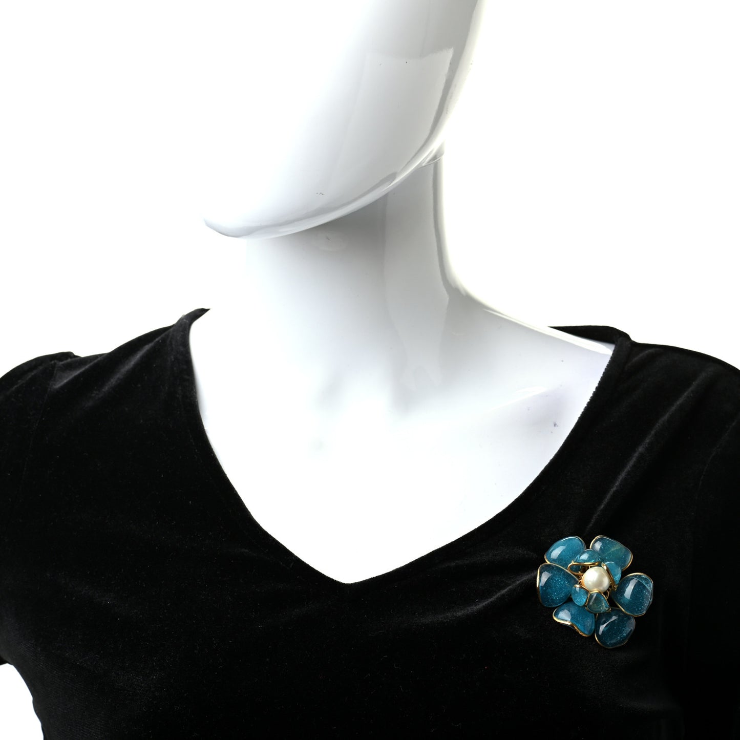 Gripoix Poured Glass Pearl Camellia Brooch Blue Gold