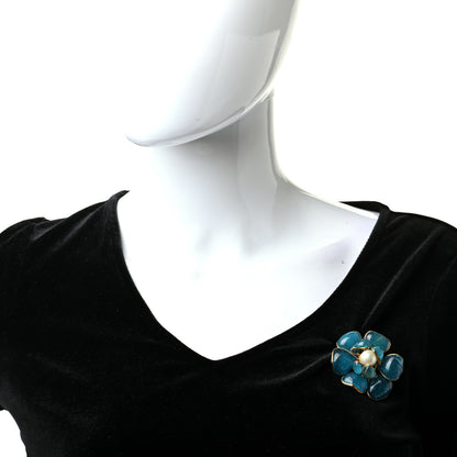 Chanel Gripoix Poured Glass Pearl Camellia Brooch Blue Gold 2 of 4