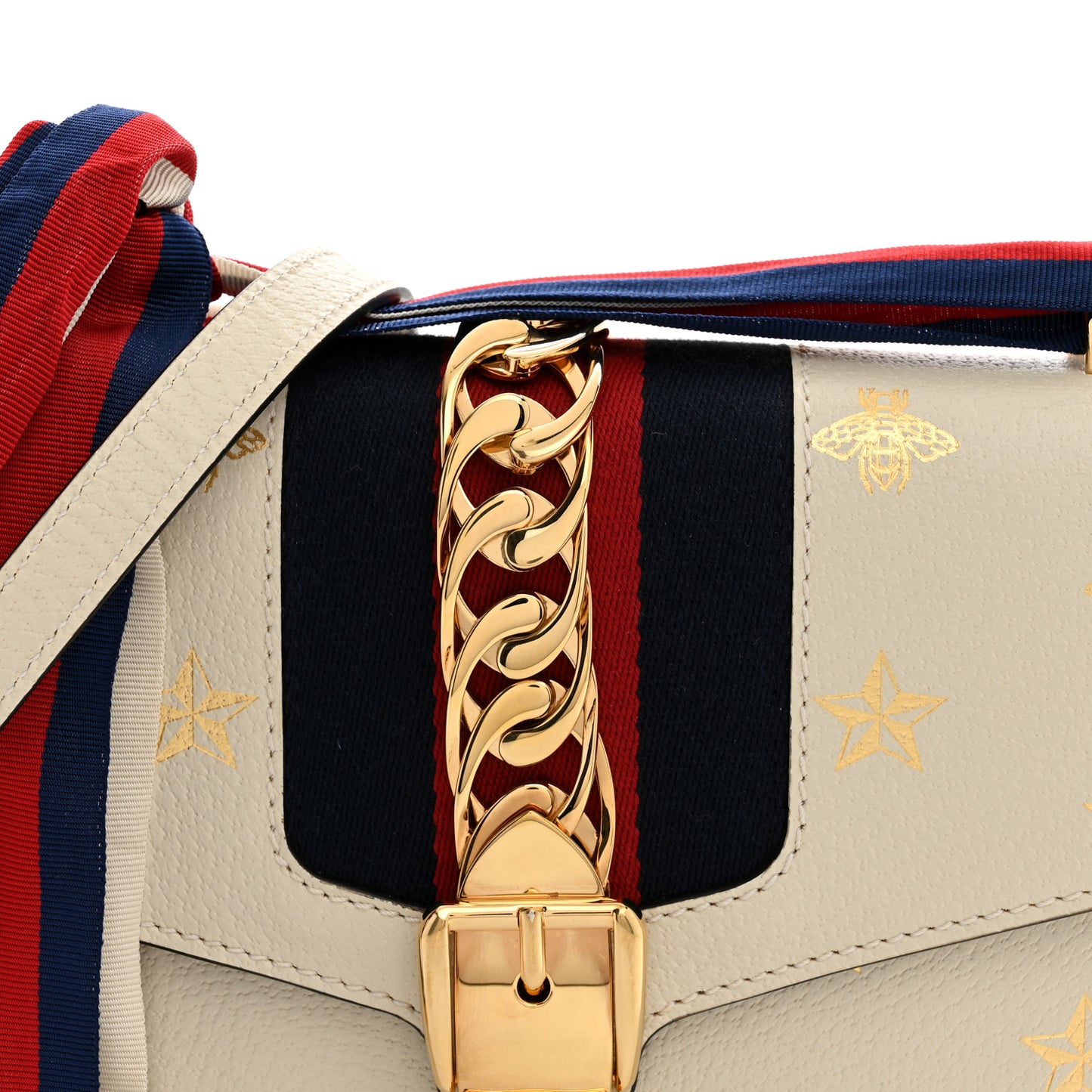 Textured Calfskin Bee Star Print Small Sylvie Shoulder Bag Mystic White