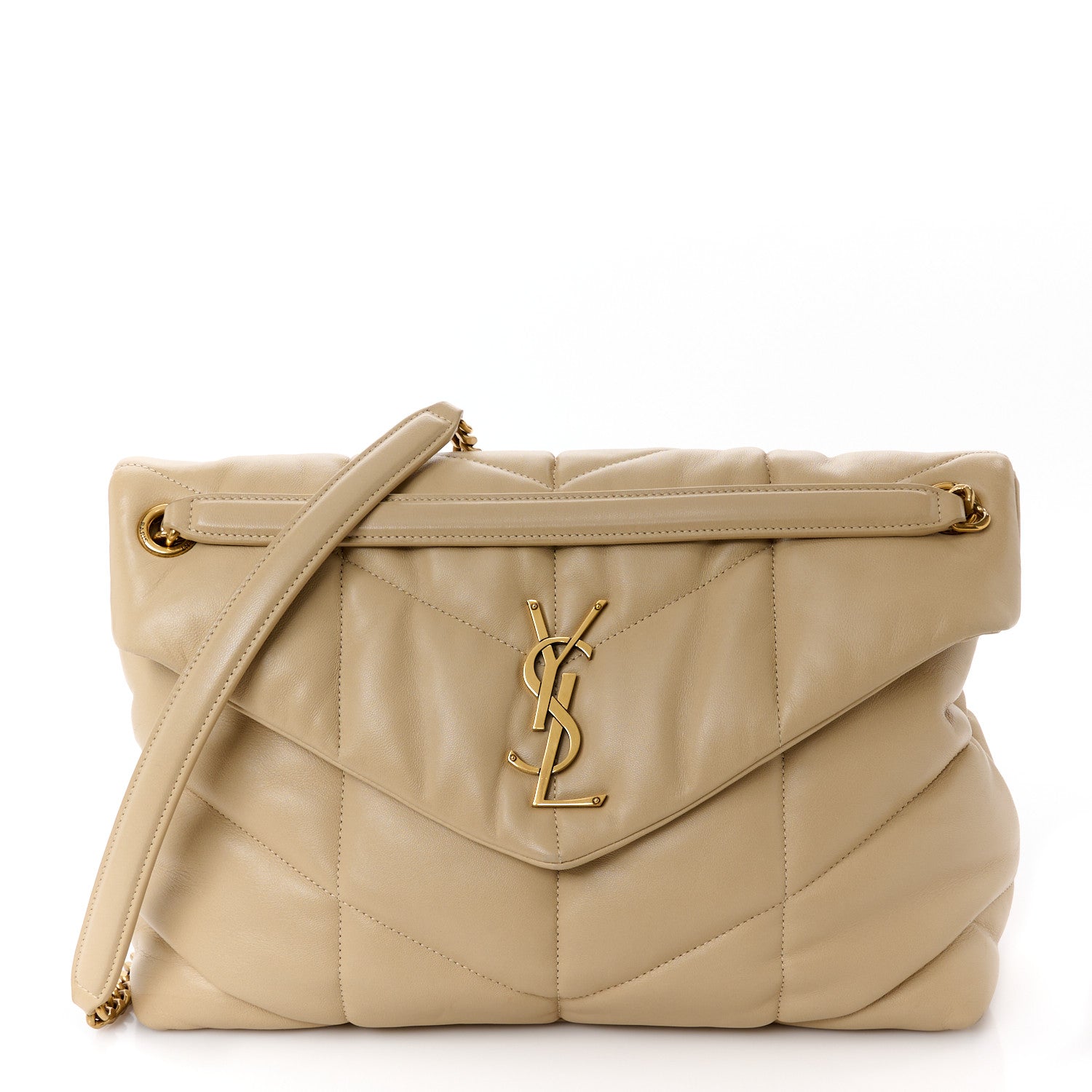 Saint Laurent Lambskin Quilted Medium Loulou Puffer Monogram Chain Satchel Dark Beige 1 of 13