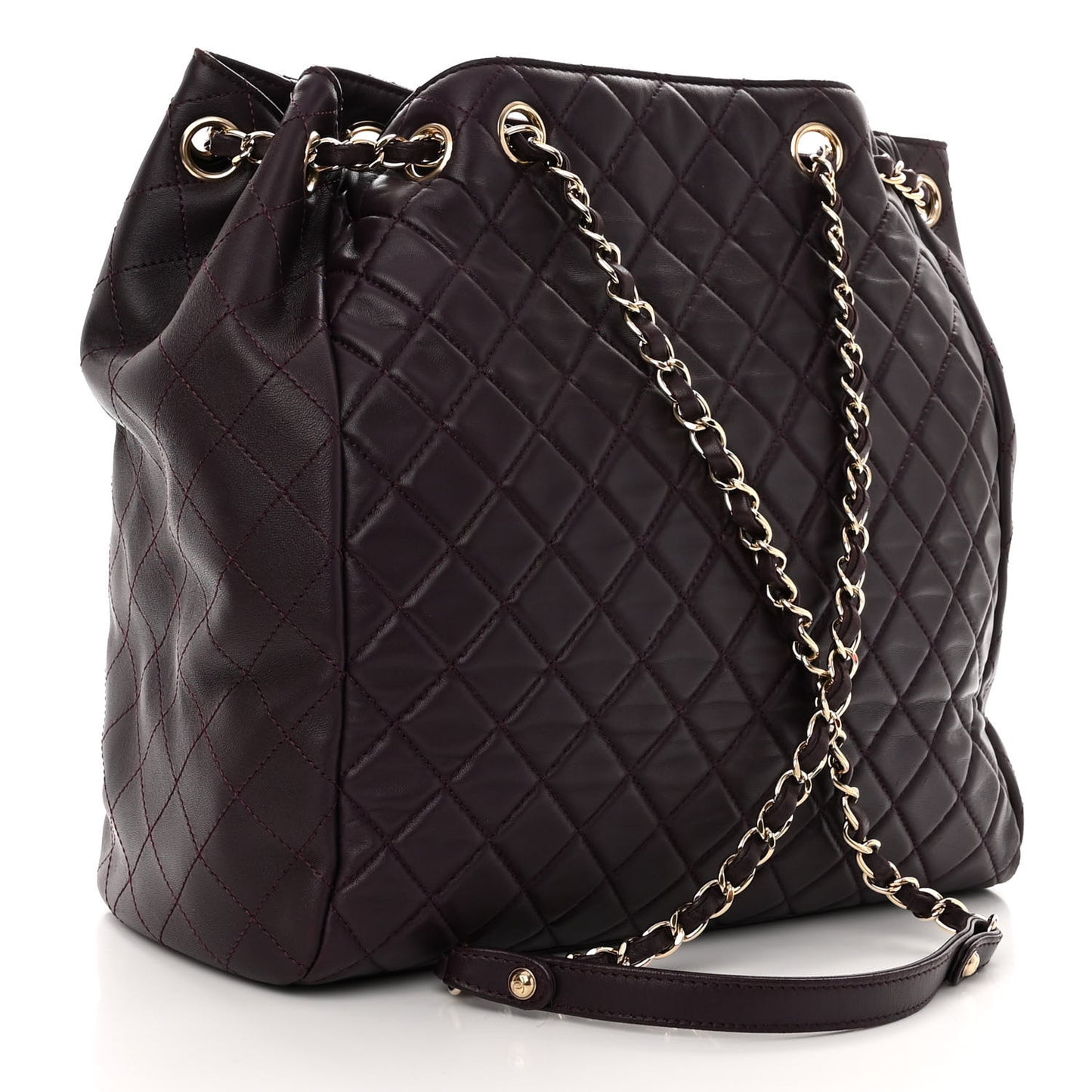Lambskin Quilted Large Drawstring Shoulder Bag Dark Purple