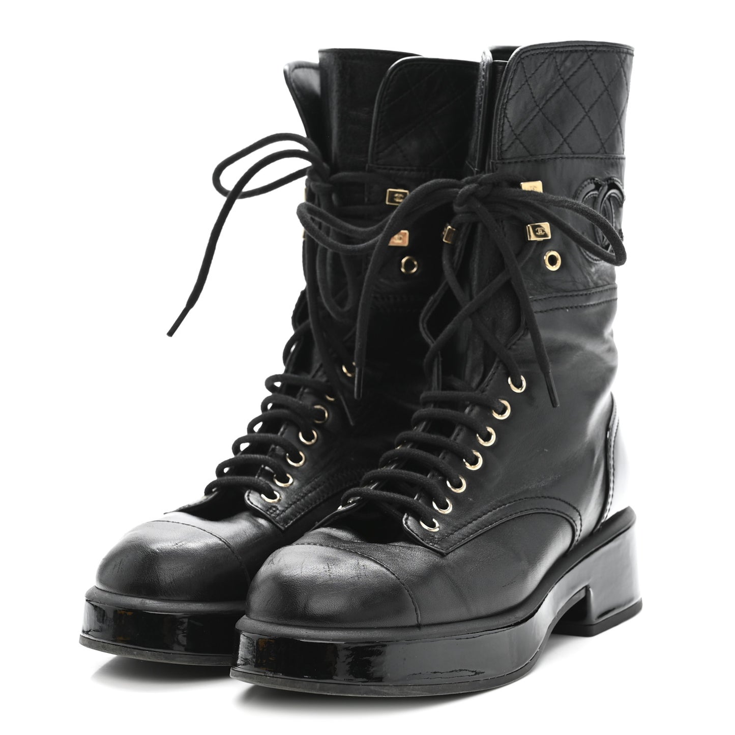 Lambskin Patent Calfskin Quilted CC Lace Up Combat Boots 37 Black