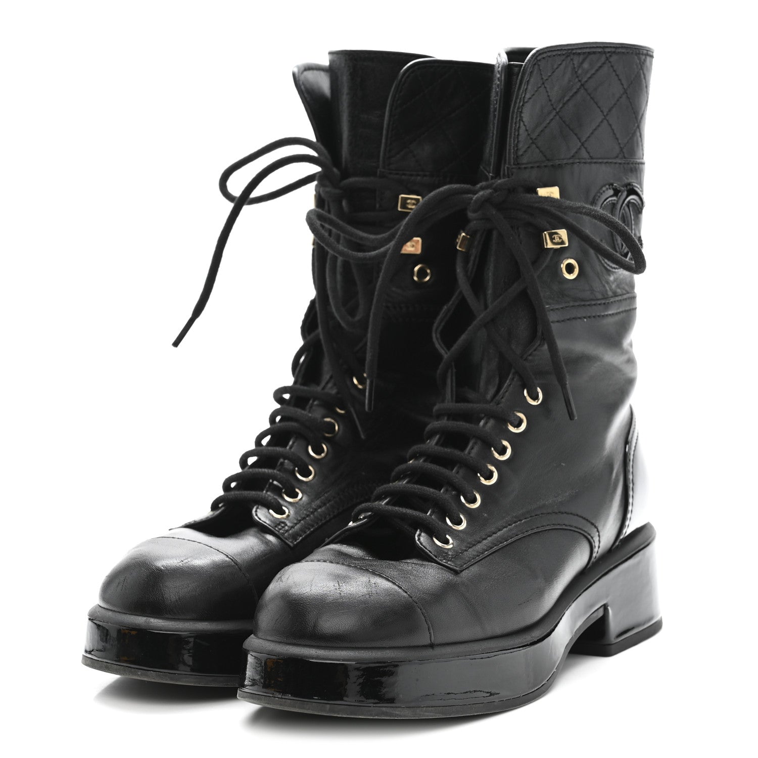 Chanel Lambskin Patent Calfskin Quilted CC Lace Up Combat Boots 37 Black 4 of 9
