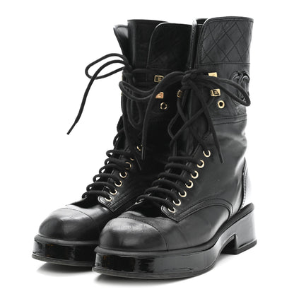 Chanel Lambskin Patent Calfskin Quilted CC Lace Up Combat Boots 37 Black 4 of 9