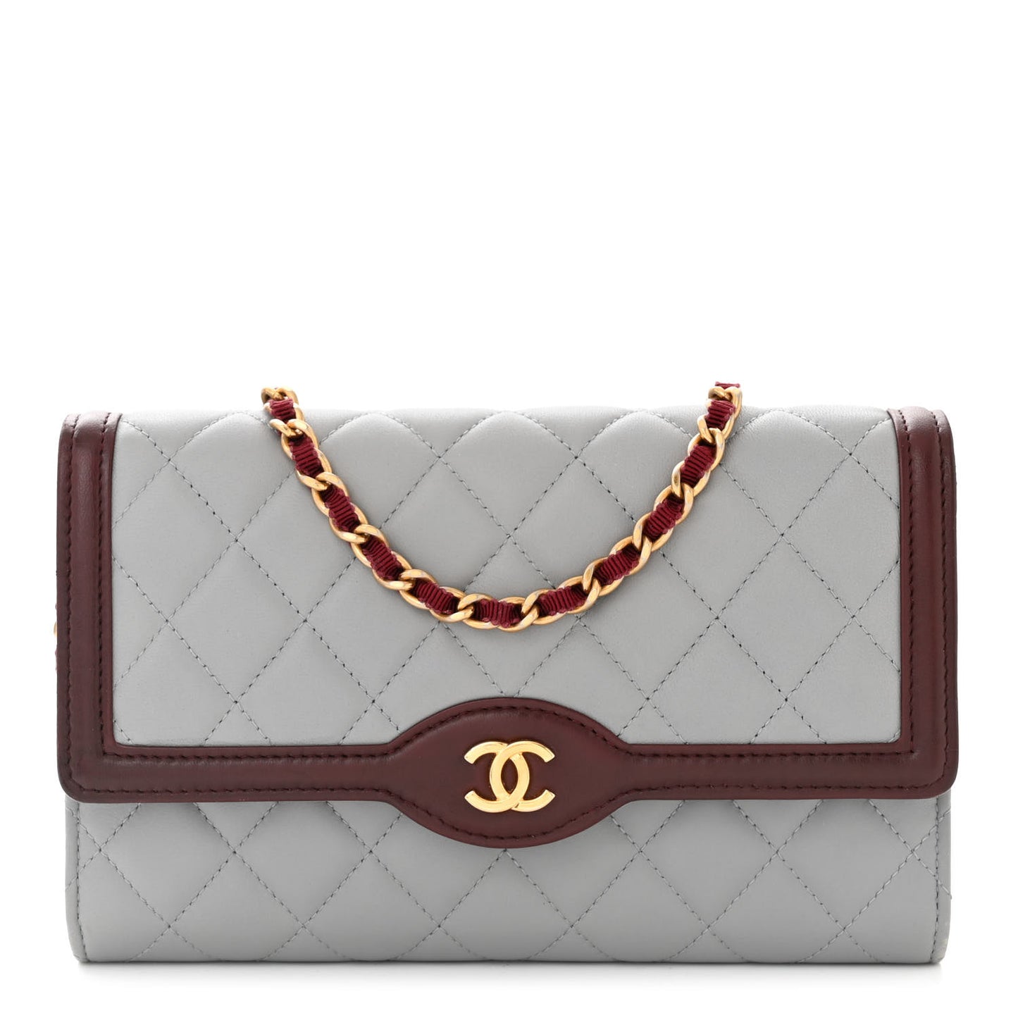 Lambskin Quilted Two Tone Clutch With Chain Grey Burgundy