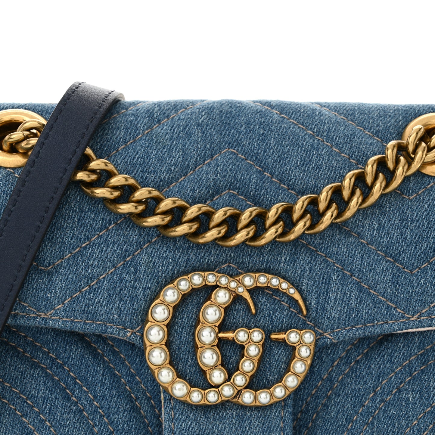 Denim Matelasse Mini Pearly GG Marmont Shoulder Bag Blue