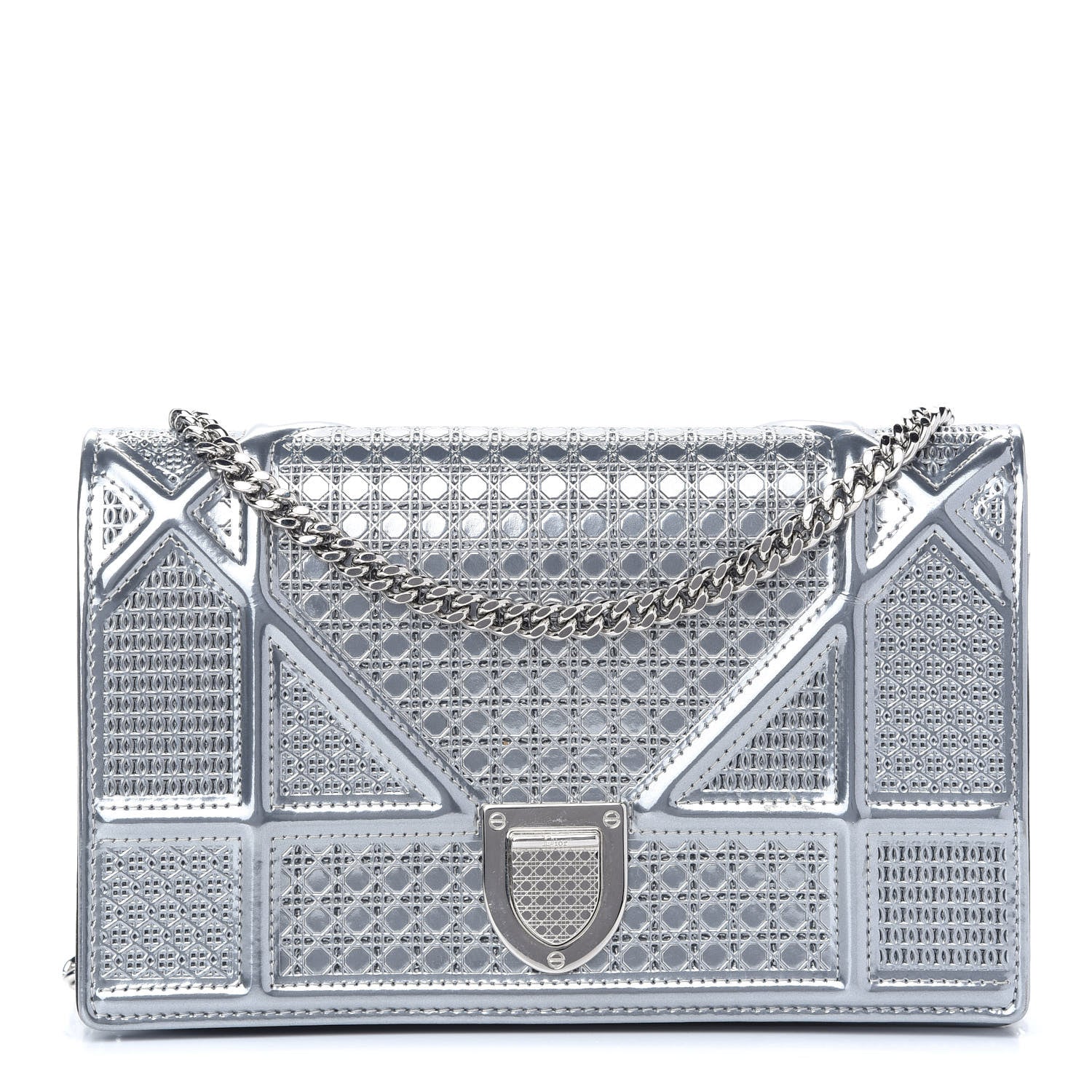 Christian Dior Metallic Patent Micro-Cannage Diorama Wallet on Chain Pouch Silver 1 of 8