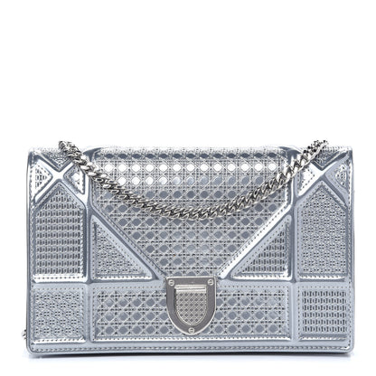Christian Dior Metallic Patent Micro-Cannage Diorama Wallet on Chain Pouch Silver 1 of 8