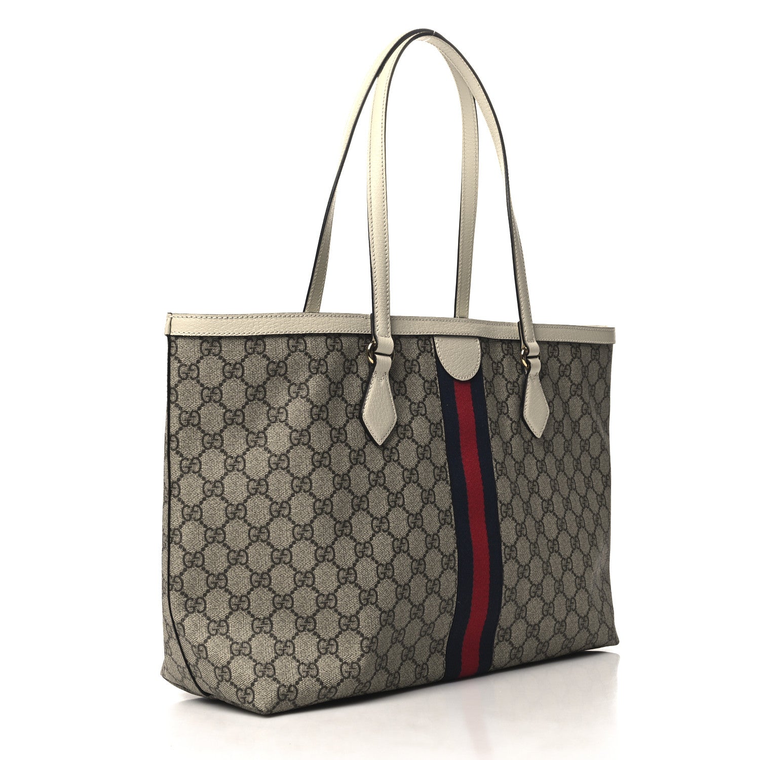 Gucci GG Supreme Monogram Textured Dollar Calfskin Web Medium Ophidia Shopping Tote Beige Ebony Mystic White 3 of 10