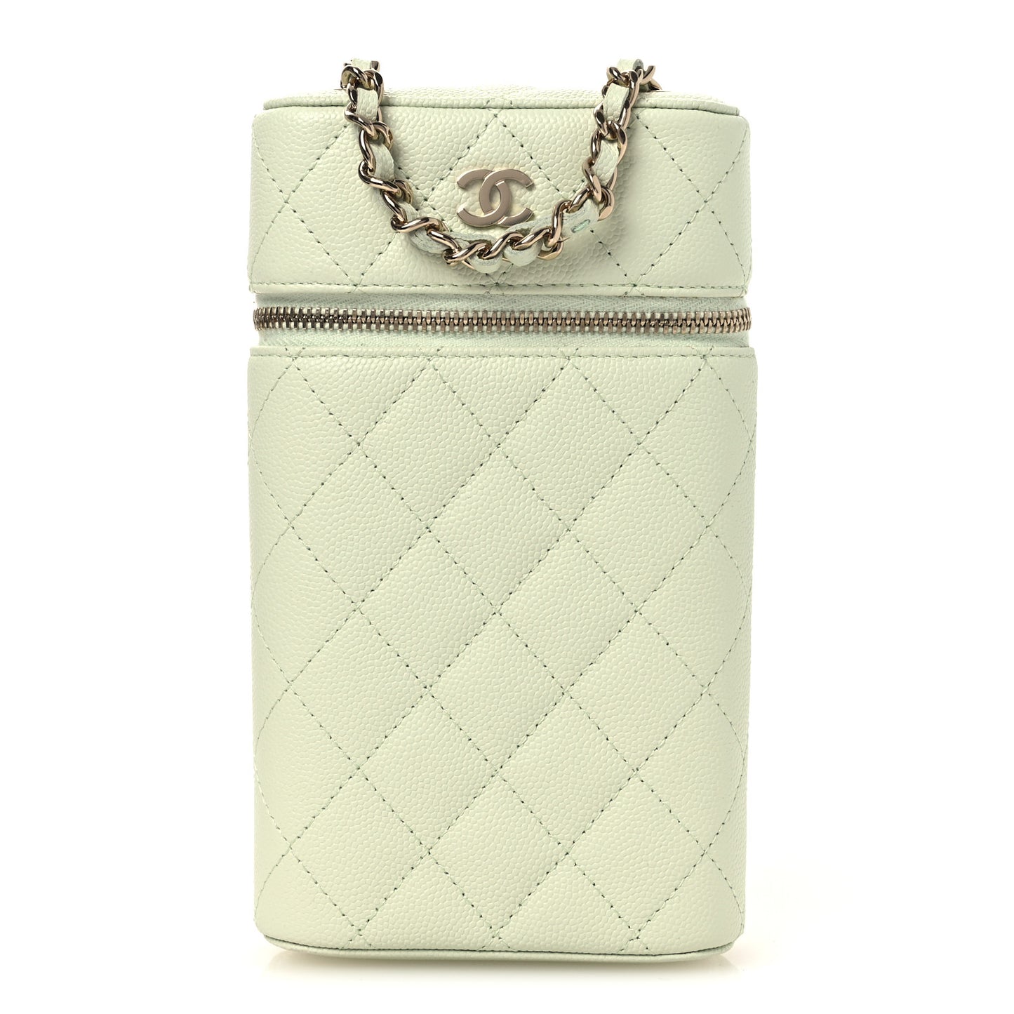 Caviar Quilted Phone Holder With Chain Light Green